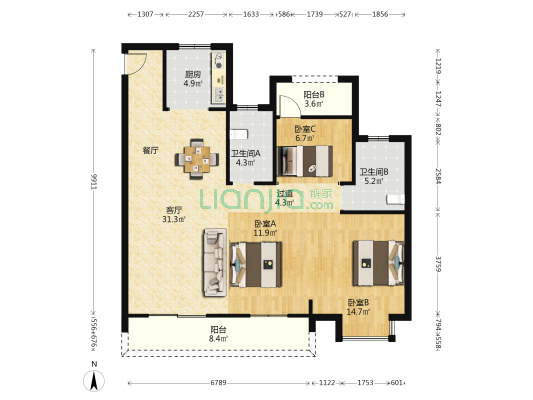 在水一方誉府 3室1厅2卫 117平方