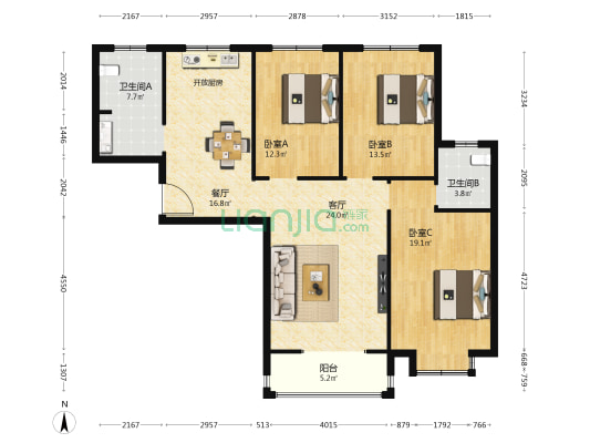 万业金城贰号院 3室2厅2卫 133平方