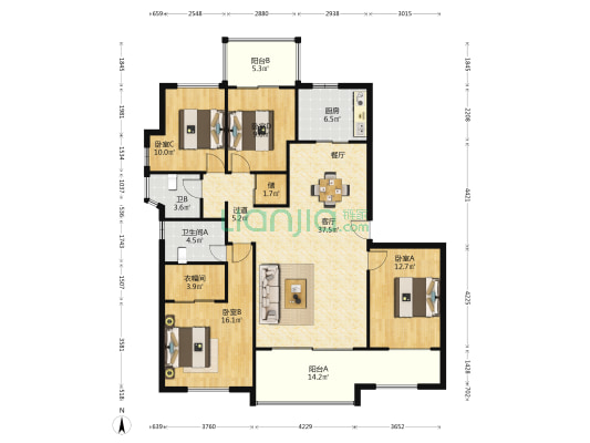 朝阳河花苑三期 4室1厅2卫 137平方
