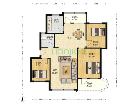 金海岸北园 3室1厅1卫 103平方