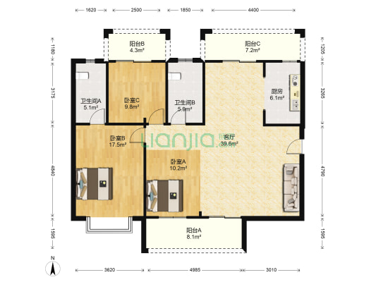 检苑 3室1厅2卫 139平方