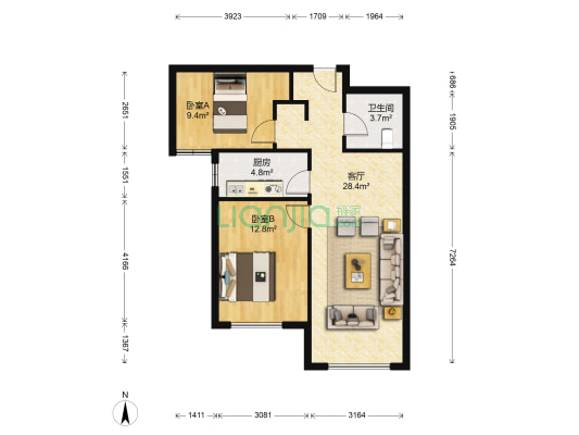 高铁精装两居 好楼层 带装修 带租约-户型图