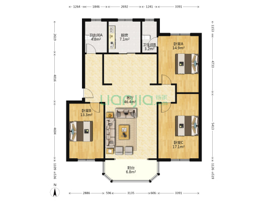 此房满五，公摊小，出行方便，生活配套全。-户型图