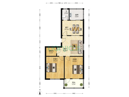 劳动局宿舍 2室2厅1卫 85平方