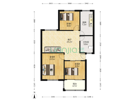 长诏公寓 3室1厅1卫 86平方