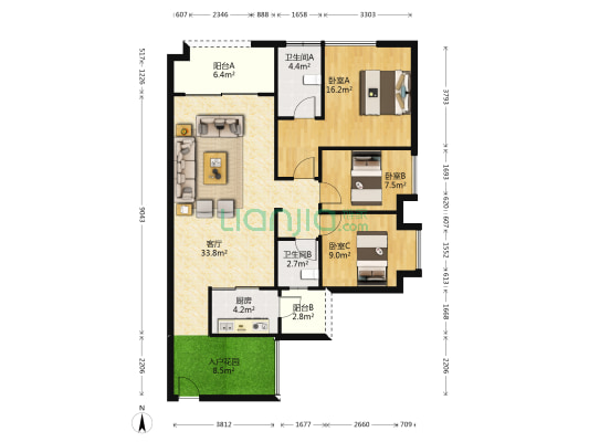名德幸福里 3室1厅2卫 110平方