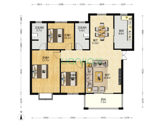绿城水岸名家 3室2厅2卫 126平方