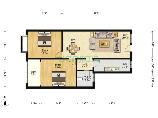 桦亮大厦 2室1厅1卫 109平方