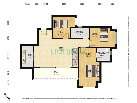 金科集美天宸 3室1厅2卫 104平方