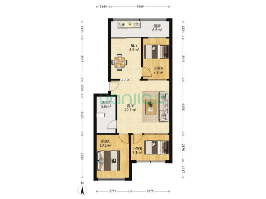 黄金小区 3室2厅1卫 84平方