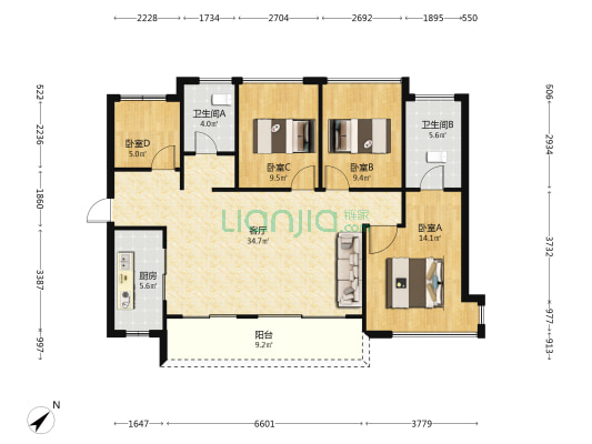 易丰云海花园 4室1厅2卫 111平方