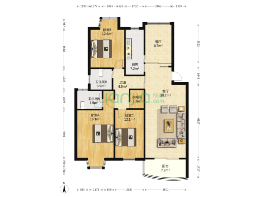 长阳花园 3室2厅2卫 128平方