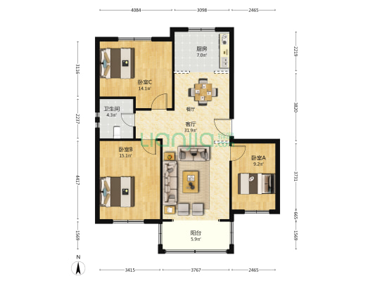 城南1号 3室1厅1卫 106平方