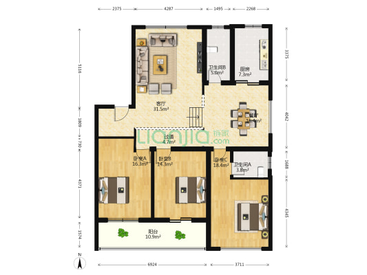 长江花园 3室2厅2卫 145平方