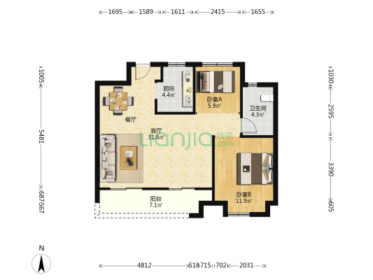 保亿未来长江城 2室1厅1卫 88平方