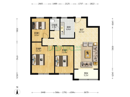 领秀城 3室1厅1卫 115平方