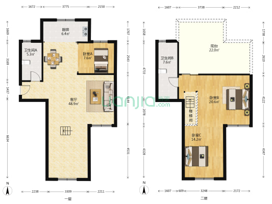临嘉公寓 3室1厅2卫 120平方