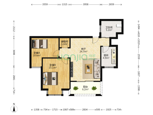 新里梵顿公馆凡尔赛区 2室1厅1卫 92平方