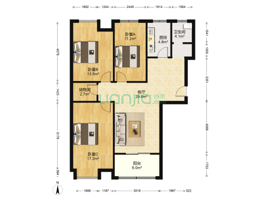 尚水湖畔森园 3室1厅1卫 123平方