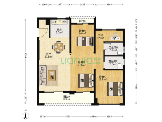 中央城北苑 4室1厅2卫 123平方