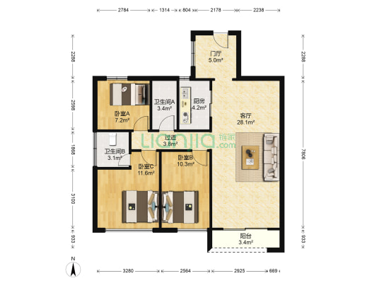 长信银湾1区 3室1厅2卫 92平方