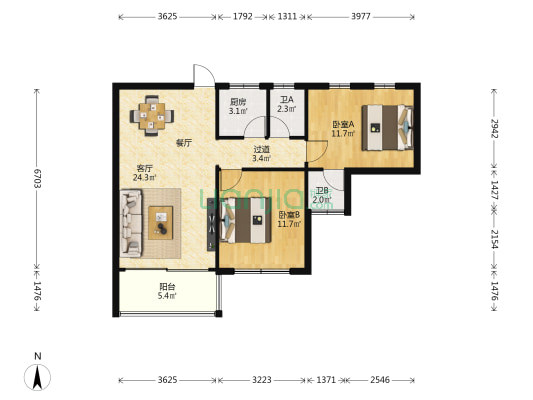 韵琴居 2室1厅2卫 84平方