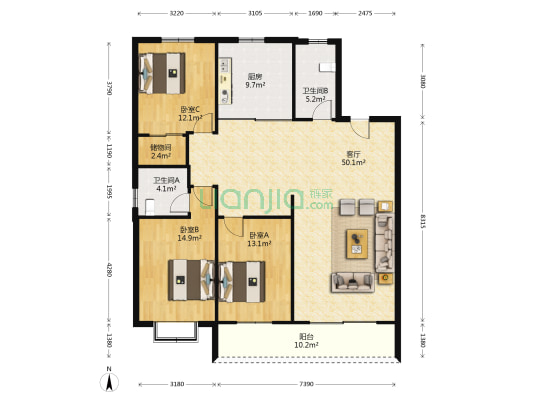 汉阳大街13号 3室1厅2卫 141平方