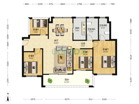 德威江誉城3期 4室1厅2卫 125平方