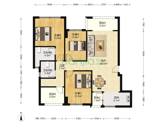 拉菲公馆C区 3室1厅2卫 105平方