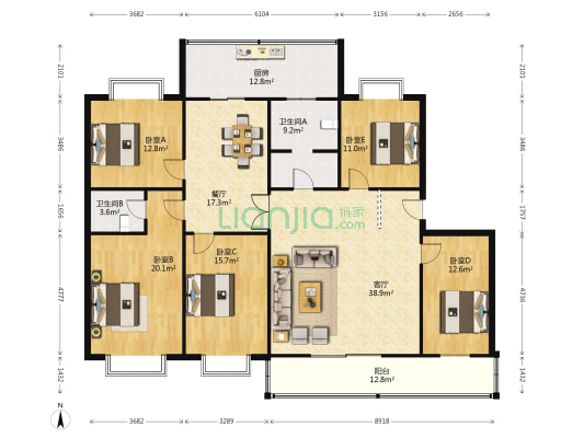 星宸花园 5室2厅2卫 182平方
