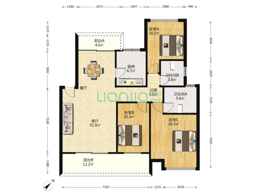 金梦园 3室1厅2卫 116平方