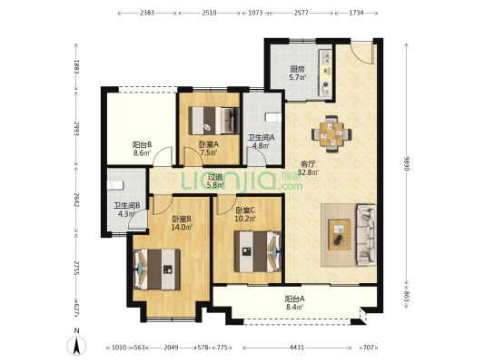 旭辉国悦府 3室1厅2卫 129平方
