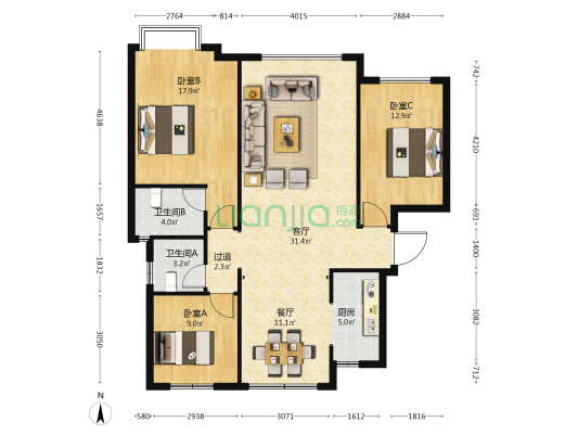 荣科家苑 3室2厅2卫 135平方