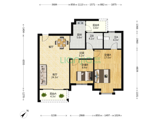 金凤湾畔 2室1厅2卫 90平方