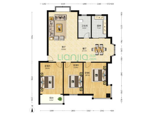 滨河嘉园 3室2厅1卫 137平方