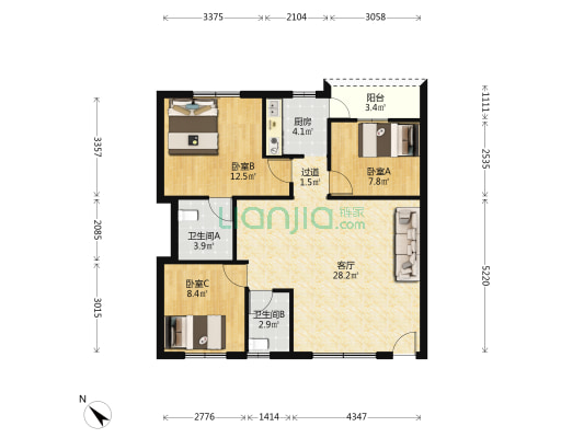 华发大厦 3室1厅2卫 101平方