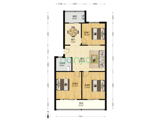 建设局住宅楼 3室2厅1卫 104平方