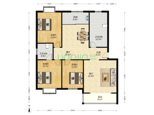 苹果塞威士 3室2厅2卫 144平方