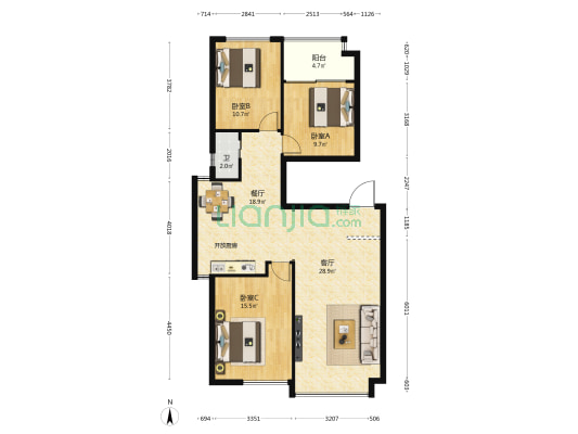 名匠誉峰 3室2厅1卫 89平方