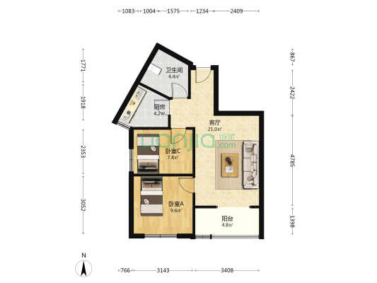 龙康新苑北区 2室1厅1卫 70平方