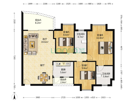 中信阳光澳园 3室1厅2卫 112平方