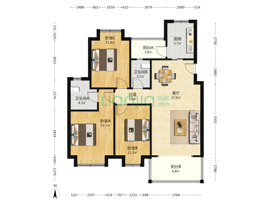 优雅翠园 3室1厅2卫 114平方