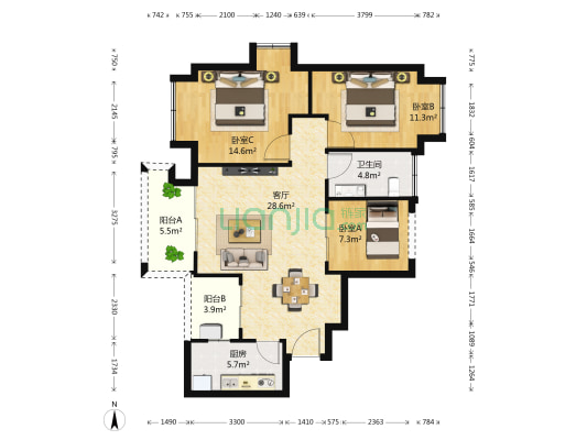 隆鑫爱琴海二期 3室1厅1卫 90平方