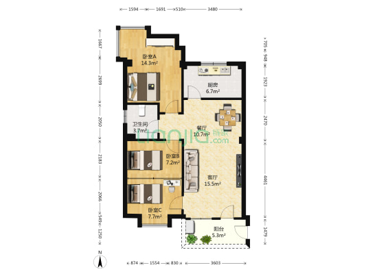 隽逸阁 3室2厅1卫 78平方