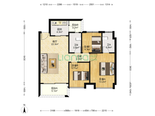 云山诗意  3室1厅2卫 90平方