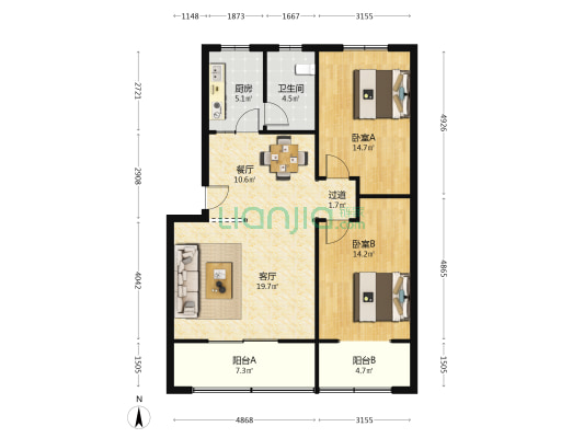 市体育局宿舍 2室2厅1卫 92平方