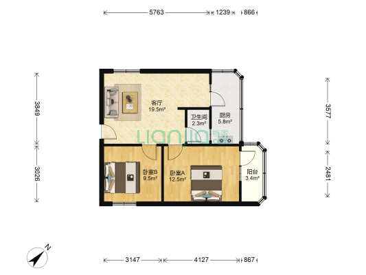 红牌楼北街7号 2室1厅1卫 56平方