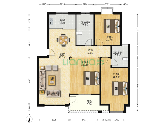 双龙花园东区 3室1厅2卫 127平方
