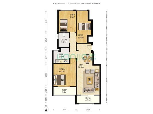 亿城天筑 3室1厅1卫 89平方