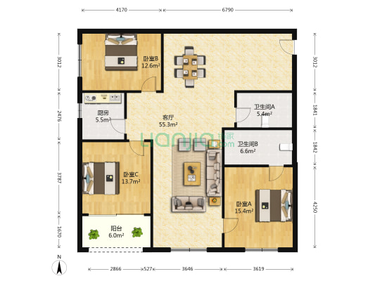 深汇大厦 3室1厅2卫 148平方